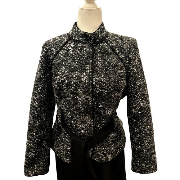 Sandro Tweed Coat Jacket Black White Tie Back Tailored Size M - Picture 1 of 7